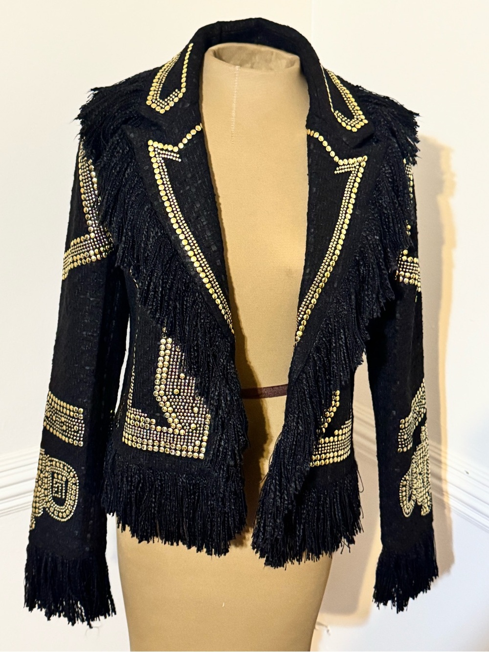 Black Fringe Blazer with Gold Stud Detailing - Picture 2 of 7